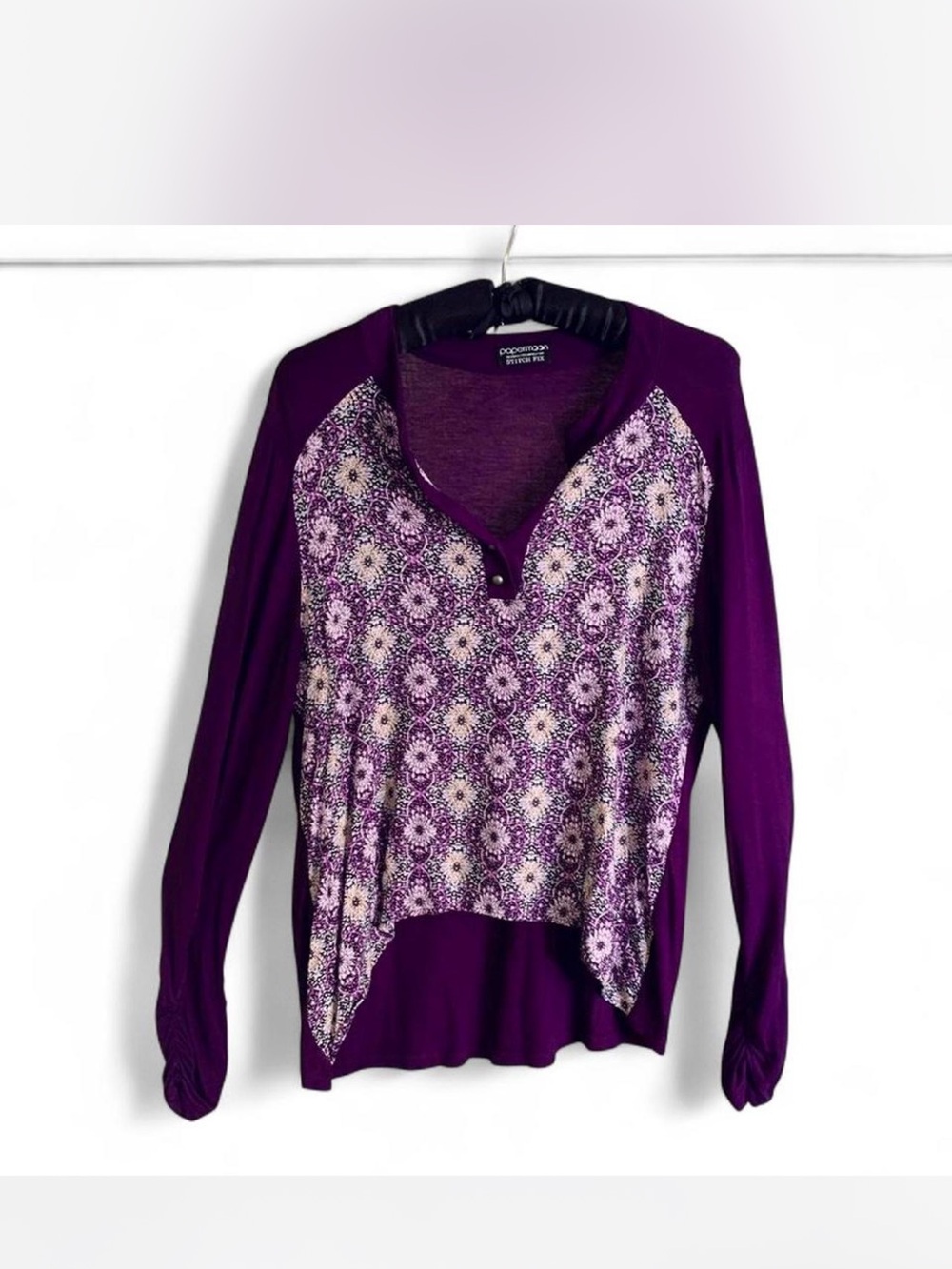 Festival Papermoon Purple Floral Henley Mixed-Print Long Sleeve Hi-Lo Top size M